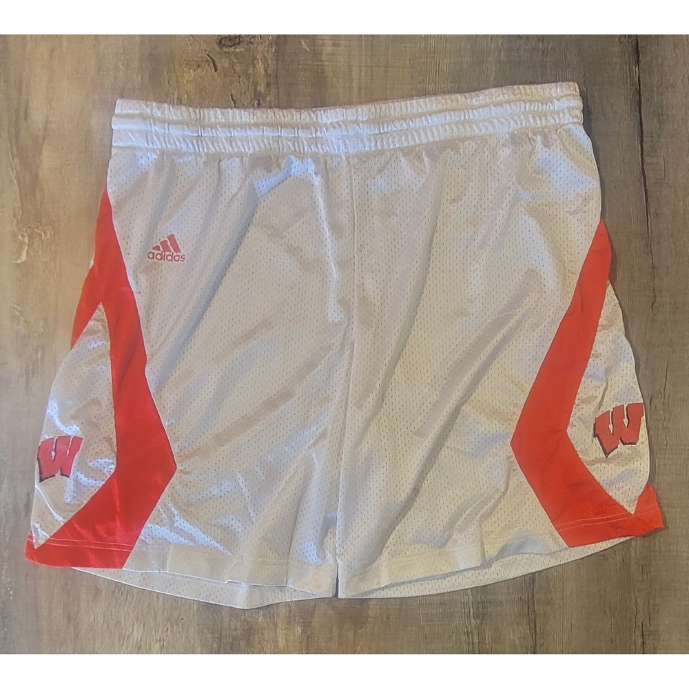 Wisconsin Badgers Adidas Mens L Mesh White Red Shorts Basketball Gym Drawstrings